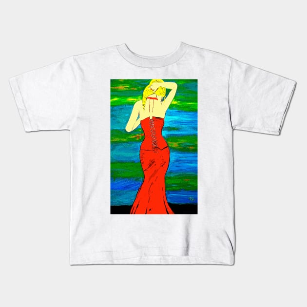 Woman In The Red Dress Kids T-Shirt by Overthetopsm